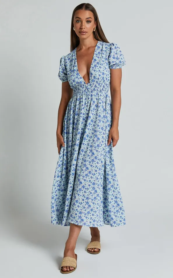 Showpo Leivia Midi Dress 8211 Plunge Short Sleeve Shirred Waist In Blue Floral Women Dresses Showpo Leivia Midi Dress 8211 Plunge Short Sleeve Shirred Waist In Blue Floral Women Dresses