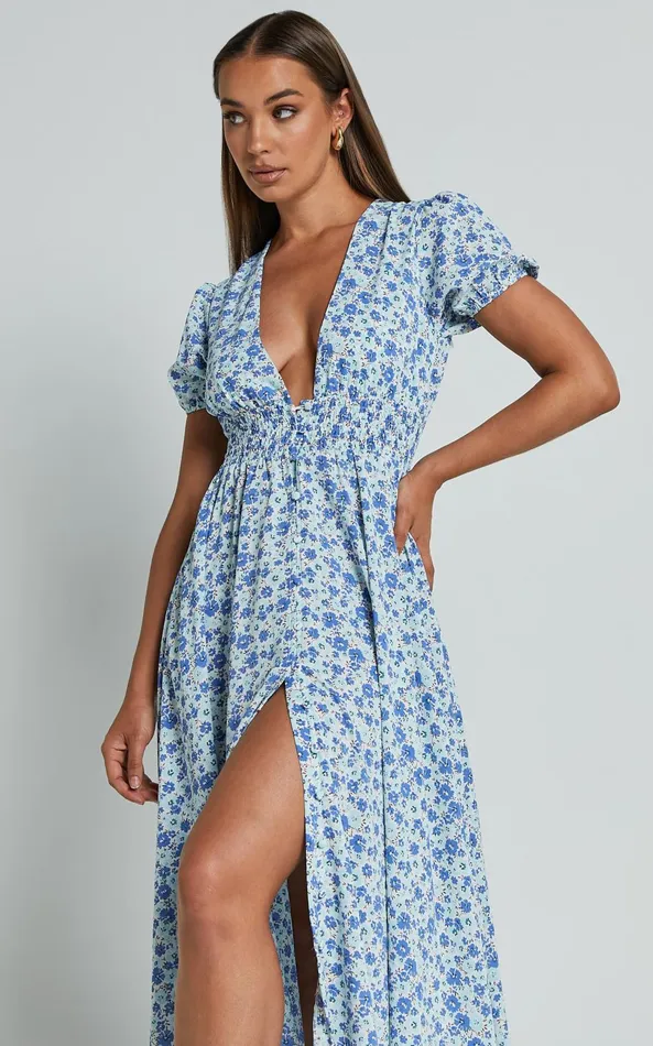 Showpo Leivia Midi Dress 8211 Plunge Short Sleeve Shirred Waist In Blue Floral Women Dresses Showpo Leivia Midi Dress 8211 Plunge Short Sleeve Shirred Waist In Blue Floral Women Dresses