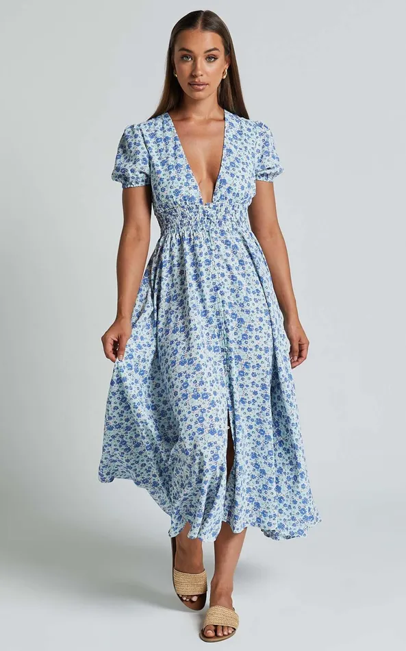 Showpo Leivia Midi Dress 8211 Plunge Short Sleeve Shirred Waist In Blue Floral Women Dresses Showpo Leivia Midi Dress 8211 Plunge Short Sleeve Shirred Waist In Blue Floral Women Dresses