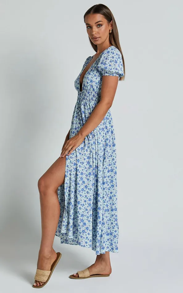Showpo Leivia Midi Dress 8211 Plunge Short Sleeve Shirred Waist In Blue Floral Women Dresses Showpo Leivia Midi Dress 8211 Plunge Short Sleeve Shirred Waist In Blue Floral Women Dresses