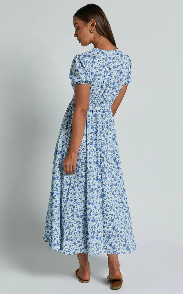 Showpo Leivia Midi Dress 8211 Plunge Short Sleeve Shirred Waist In Blue Floral Women Dresses Showpo Leivia Midi Dress 8211 Plunge Short Sleeve Shirred Waist In Blue Floral Women Dresses