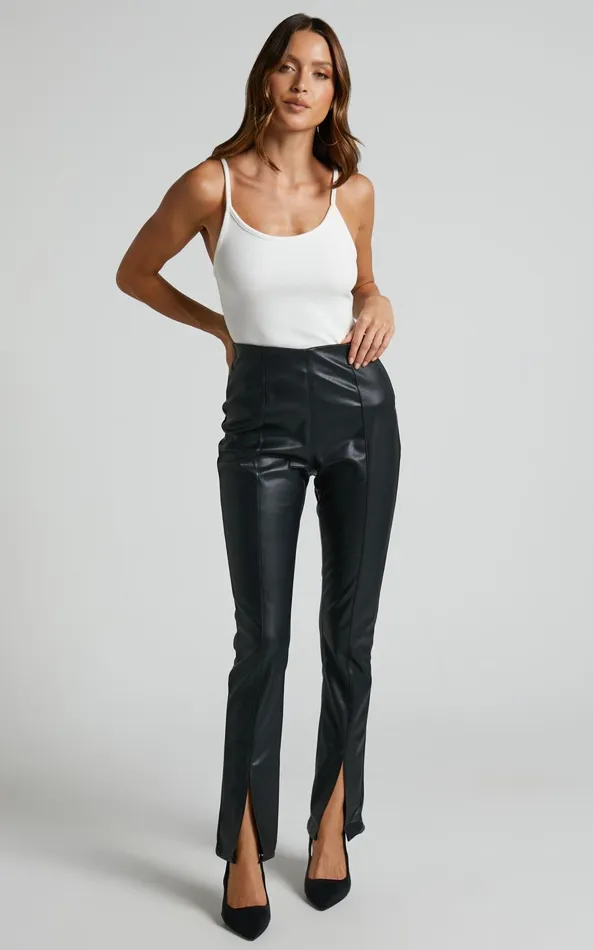 Showpo Lenette 8211 High Waisted Faux Leather Split Hem Leggings In Black Women Curve Clothes