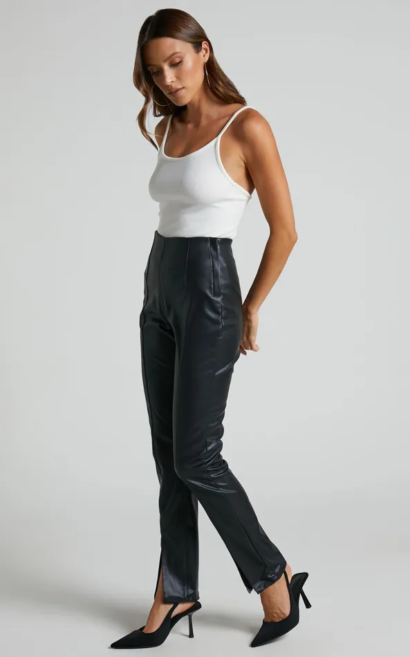 Showpo Lenette 8211 High Waisted Faux Leather Split Hem Leggings In Black Women Curve Clothes
