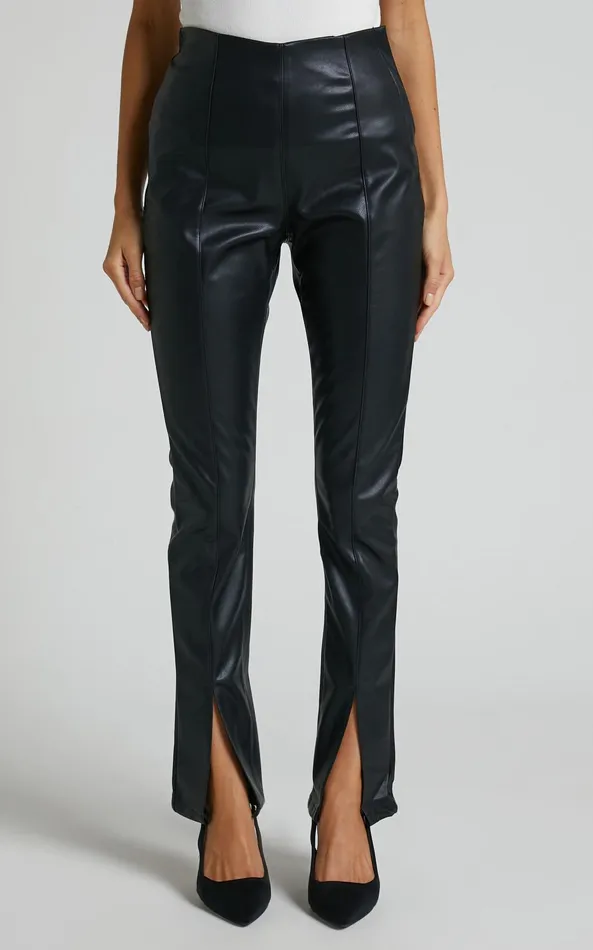 Showpo Lenette 8211 High Waisted Faux Leather Split Hem Leggings In Black Women Curve Clothes
