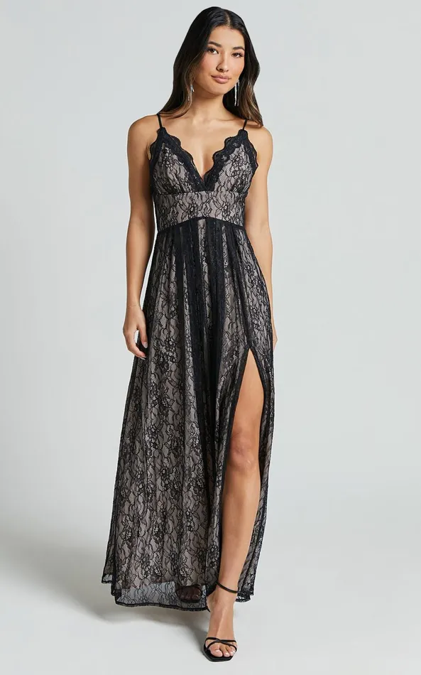Showpo Leni Maxi Dress 8211 Plunge Thigh Split Lace Dress In Black Women Dresses