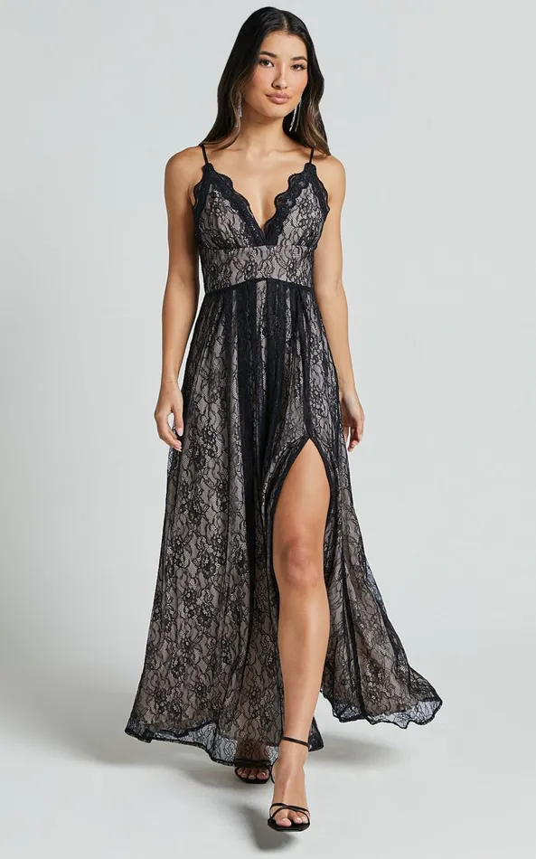 Showpo Leni Maxi Dress 8211 Plunge Thigh Split Lace Dress In Black Women Dresses