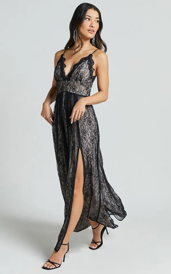 Showpo Leni Maxi Dress 8211 Plunge Thigh Split Lace Dress In Black Women Dresses