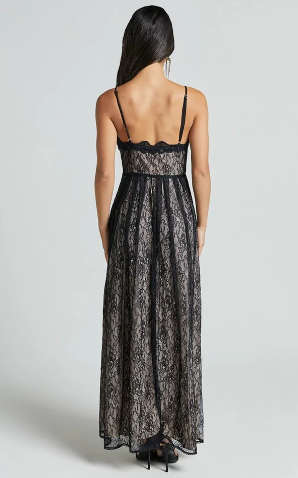 Showpo Leni Maxi Dress 8211 Plunge Thigh Split Lace Dress In Black Women Dresses