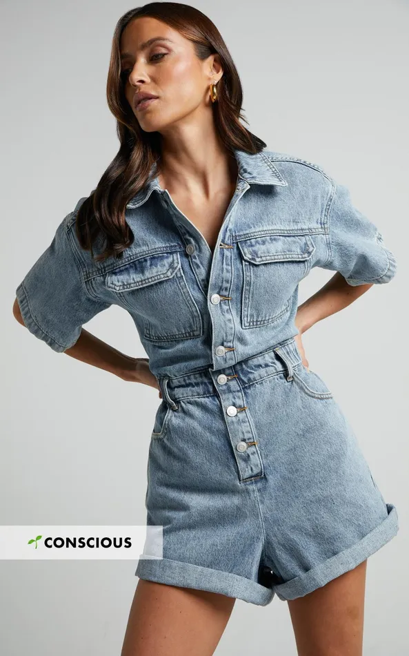 Showpo Leo Playsuit 8211 Collared Short Sleeve Button Front Denim Playsuit In Mid Blue Acid Wash Women Curve Clothes