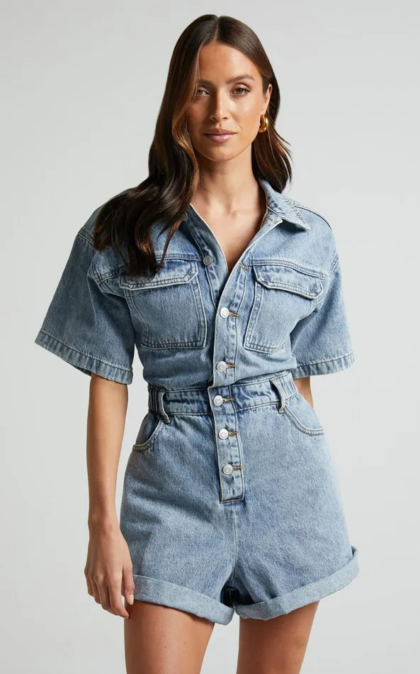 Showpo Leo Playsuit 8211 Collared Short Sleeve Button Front Denim Playsuit In Mid Blue Acid Wash Women Curve Clothes