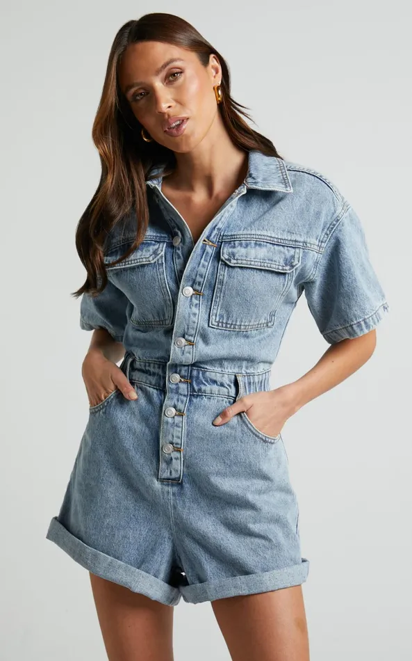 Showpo Leo Playsuit 8211 Collared Short Sleeve Button Front Denim Playsuit In Mid Blue Acid Wash Women Curve Clothes