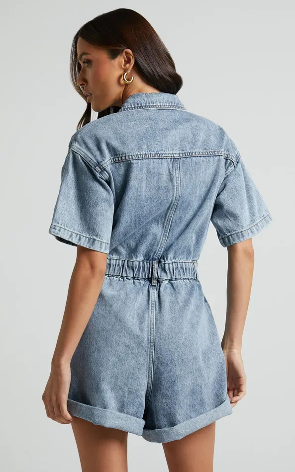 Showpo Leo Playsuit 8211 Collared Short Sleeve Button Front Denim Playsuit In Mid Blue Acid Wash Women Curve Clothes