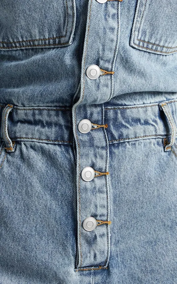 Showpo Leo Playsuit 8211 Collared Short Sleeve Button Front Denim Playsuit In Mid Blue Acid Wash Women Curve Clothes