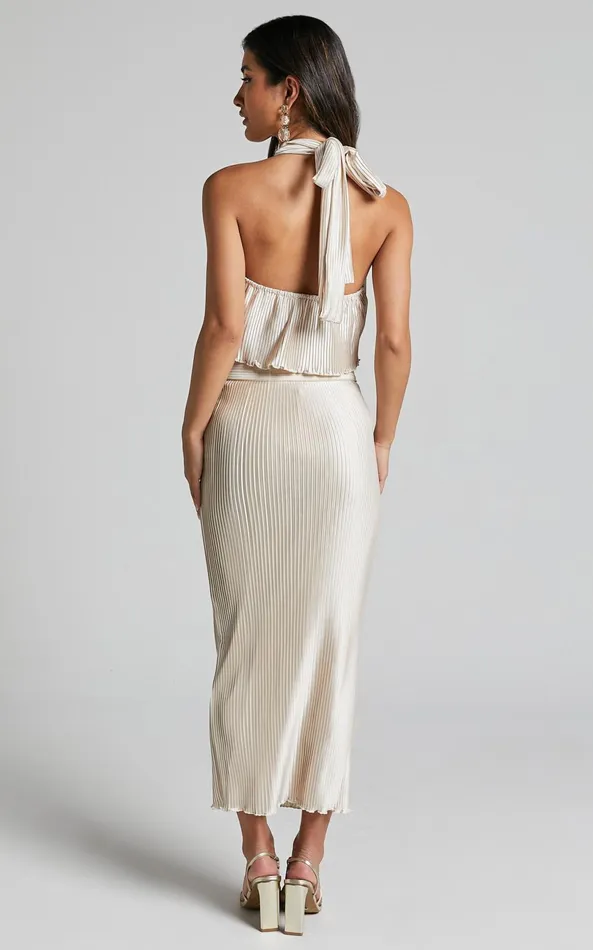 Showpo Leone Two Piece Set 8211 Pleated Halter Neck Top And Midi Skirt In Oyster Women Two Piece Sets and Coords