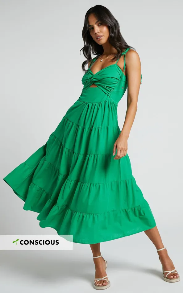 Showpo Leticia Midi Dress 8211 Twist Front Tie Strap Tiered Dress In Green Women Dresses Showpo Leticia Midi Dress 8211 Twist Front Tie Strap Tiered Dress In Green Women Dresses