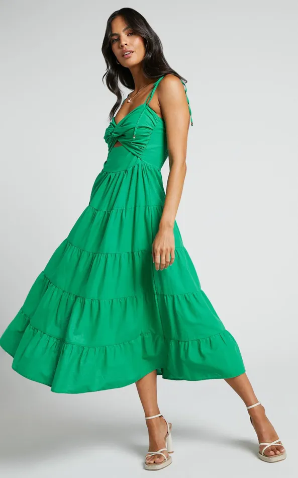 Showpo Leticia Midi Dress 8211 Twist Front Tie Strap Tiered Dress In Green Women Dresses