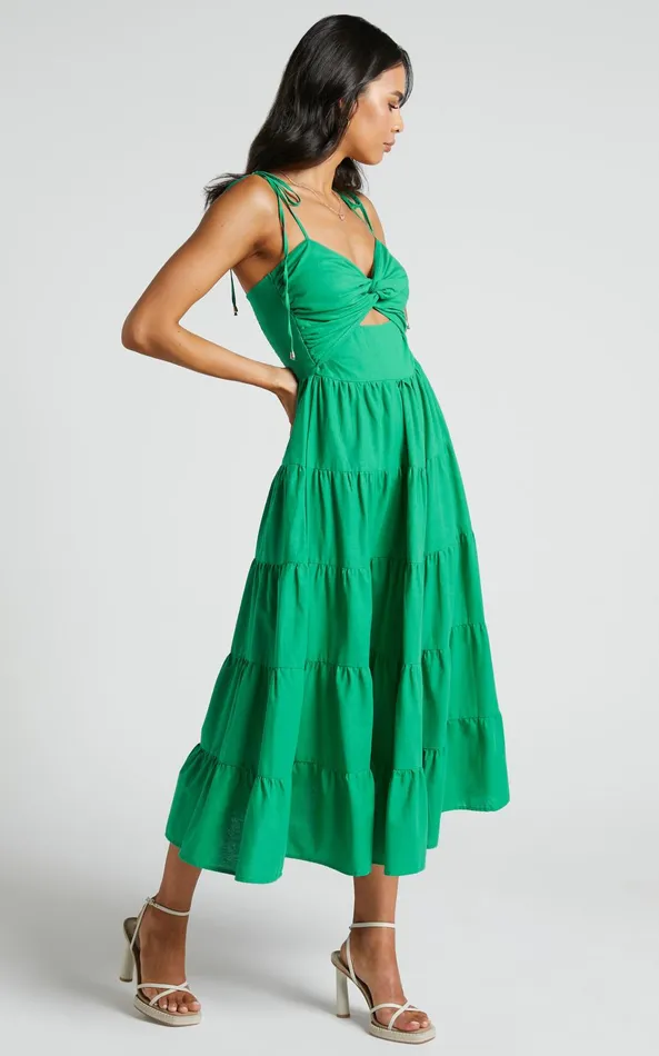 Showpo Leticia Midi Dress 8211 Twist Front Tie Strap Tiered Dress In Green Women Dresses