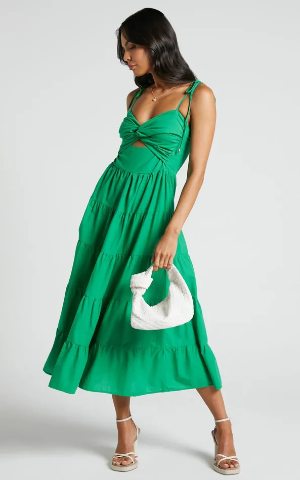 Showpo Leticia Midi Dress 8211 Twist Front Tie Strap Tiered Dress In Green Women Dresses