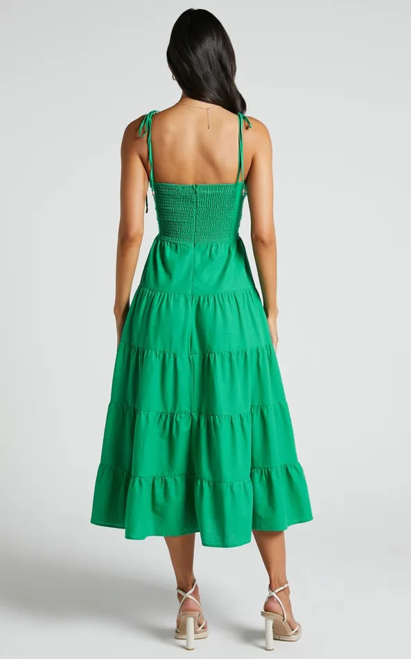 Showpo Leticia Midi Dress 8211 Twist Front Tie Strap Tiered Dress In Green Women Dresses