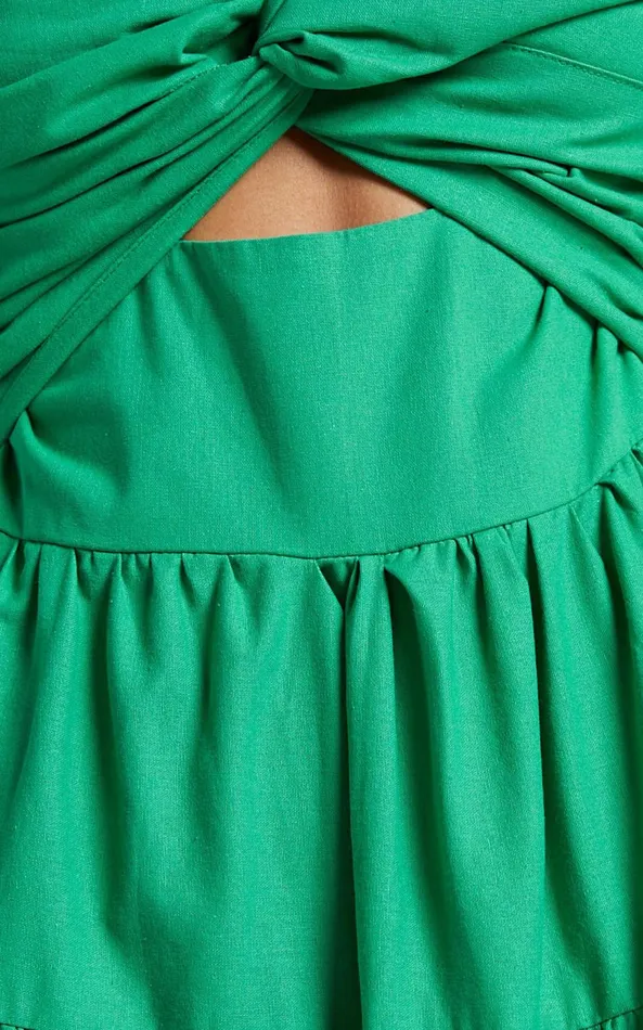 Showpo Leticia Midi Dress 8211 Twist Front Tie Strap Tiered Dress In Green Women Dresses