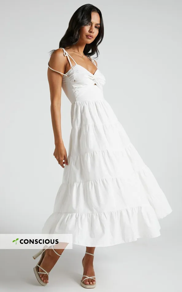 Showpo Leticia Midi Dress 8211 Twist Front Tie Strap Tiered Dress In Off White Women Dresses Showpo Leticia Midi Dress 8211 Twist Front Tie Strap Tiered Dress In Off White Women Dresses