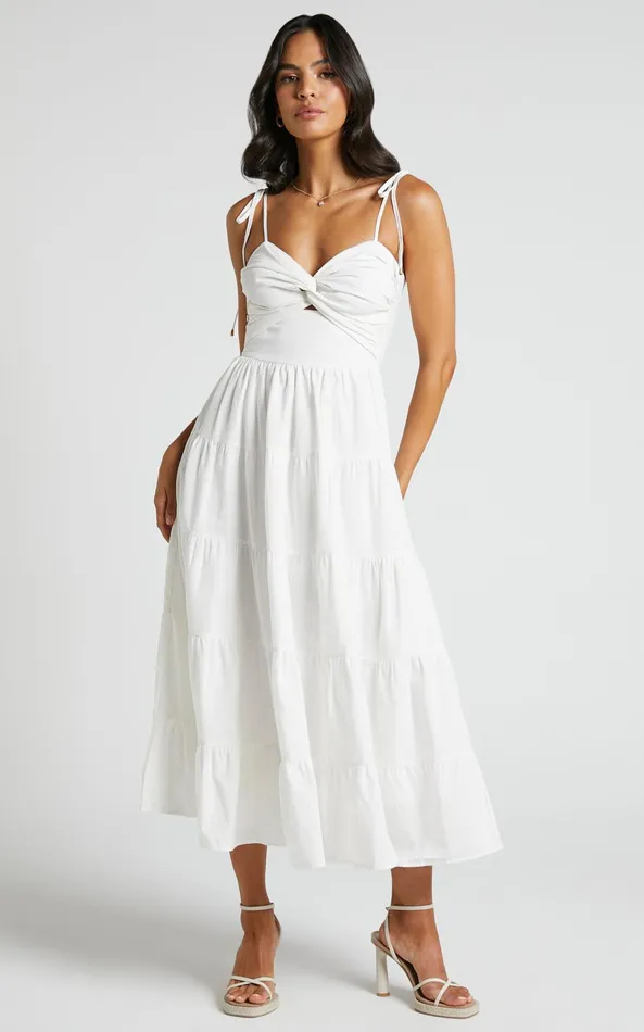 Showpo Leticia Midi Dress 8211 Twist Front Tie Strap Tiered Dress In Off White Women Dresses