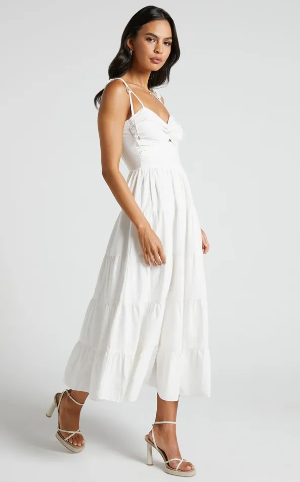 Showpo Leticia Midi Dress 8211 Twist Front Tie Strap Tiered Dress In Off White Women Dresses
