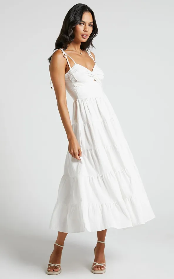 Showpo Leticia Midi Dress 8211 Twist Front Tie Strap Tiered Dress In Off White Women Dresses