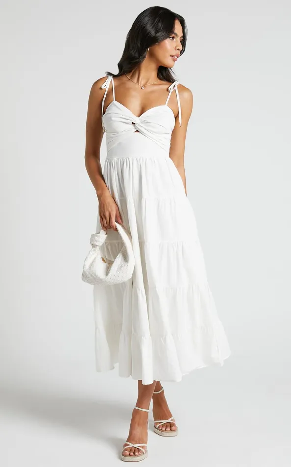 Showpo Leticia Midi Dress 8211 Twist Front Tie Strap Tiered Dress In Off White Women Dresses