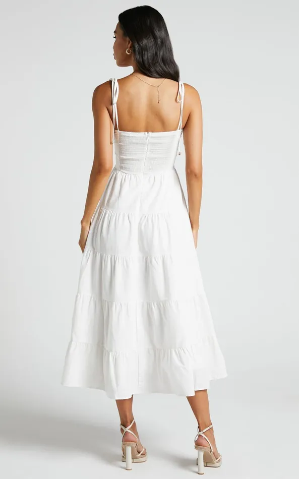 Showpo Leticia Midi Dress 8211 Twist Front Tie Strap Tiered Dress In Off White Women Dresses