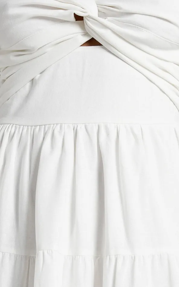 Showpo Leticia Midi Dress 8211 Twist Front Tie Strap Tiered Dress In Off White Women Dresses