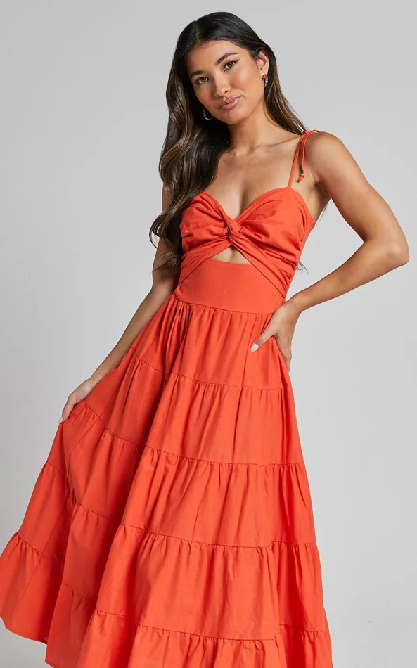 Showpo Leticia Midi Dress 8211 Twist Front Tie Strap Tiered Dress In Orange Women Dresses Showpo Leticia Midi Dress 8211 Twist Front Tie Strap Tiered Dress In Orange Women Dresses