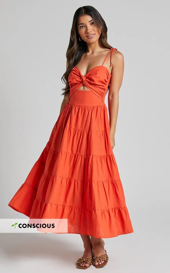Showpo Leticia Midi Dress 8211 Twist Front Tie Strap Tiered Dress In Orange Women Dresses