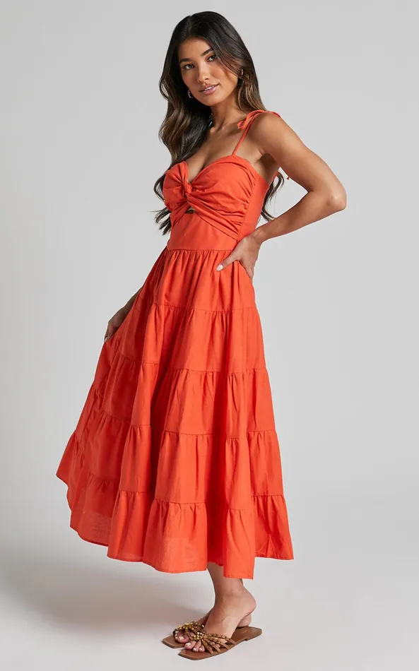 Showpo Leticia Midi Dress 8211 Twist Front Tie Strap Tiered Dress In Orange Women Dresses