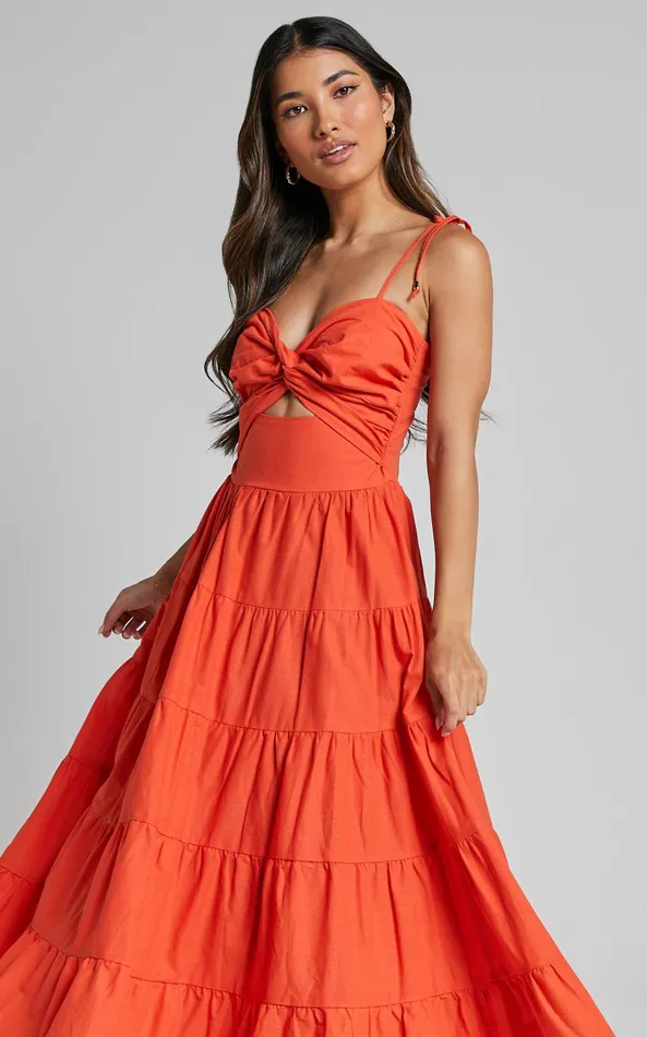 Showpo Leticia Midi Dress 8211 Twist Front Tie Strap Tiered Dress In Orange Women Dresses