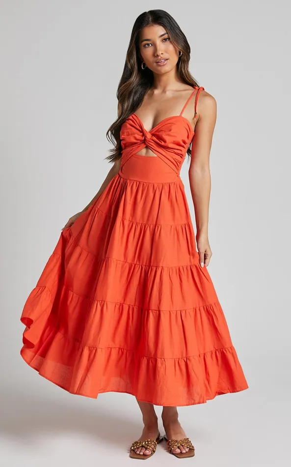 Showpo Leticia Midi Dress 8211 Twist Front Tie Strap Tiered Dress In Orange Women Dresses