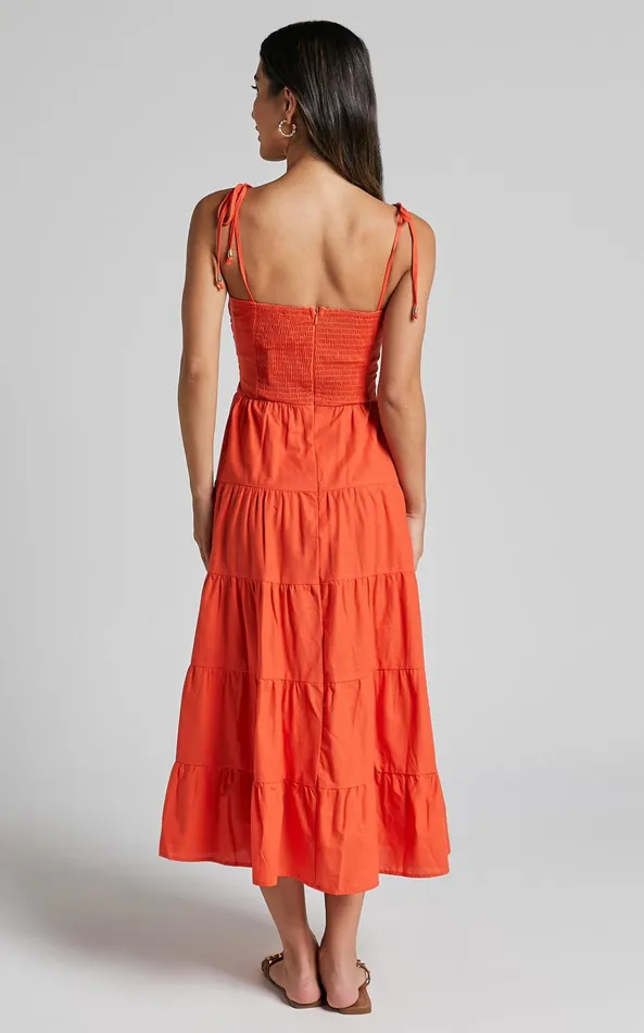 Showpo Leticia Midi Dress 8211 Twist Front Tie Strap Tiered Dress In Orange Women Dresses