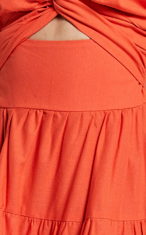 Showpo Leticia Midi Dress 8211 Twist Front Tie Strap Tiered Dress In Orange Women Dresses