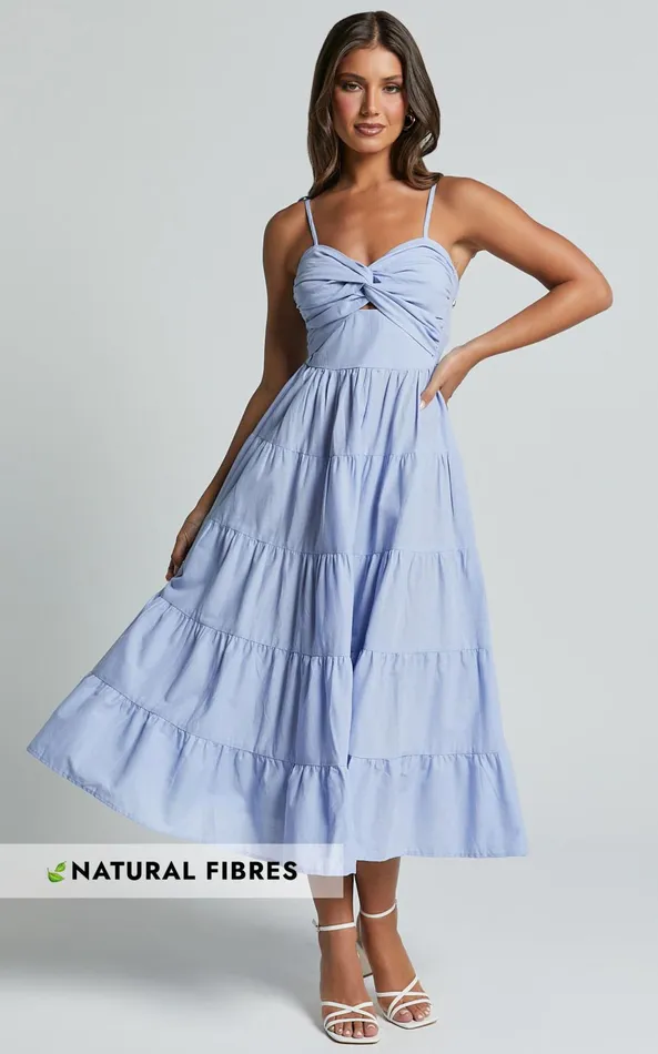 Showpo Leticia Midi Dress 8211 Twist Front Tie Strap Tiered Dress In Pale Blue Women Dresses Showpo Leticia Midi Dress 8211 Twist Front Tie Strap Tiered Dress In Pale Blue Women Dresses