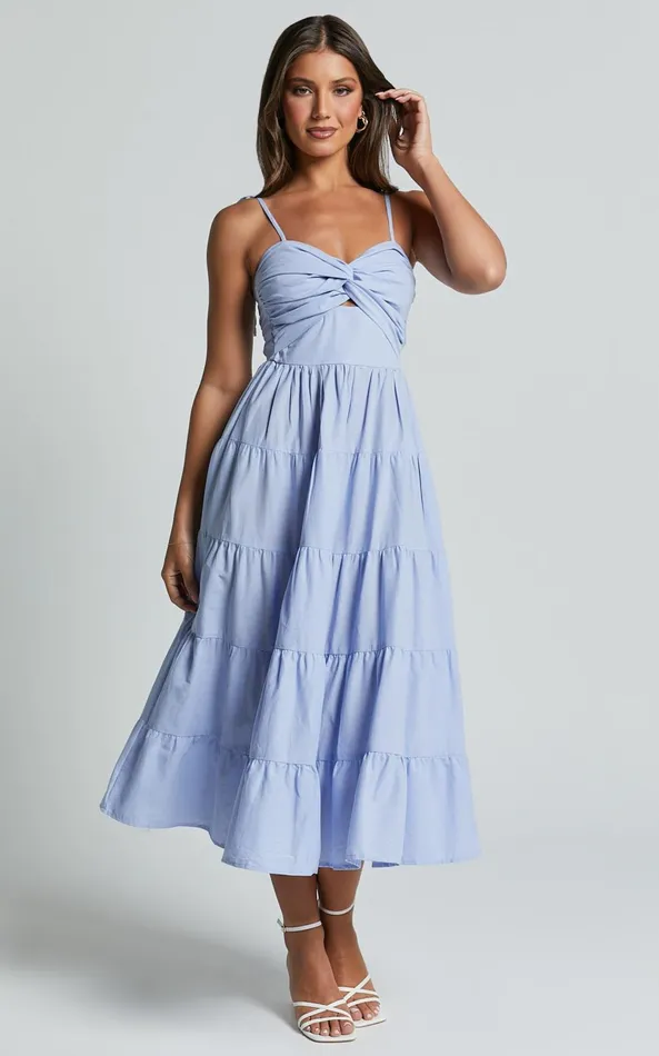 Showpo Leticia Midi Dress 8211 Twist Front Tie Strap Tiered Dress In Pale Blue Women Dresses