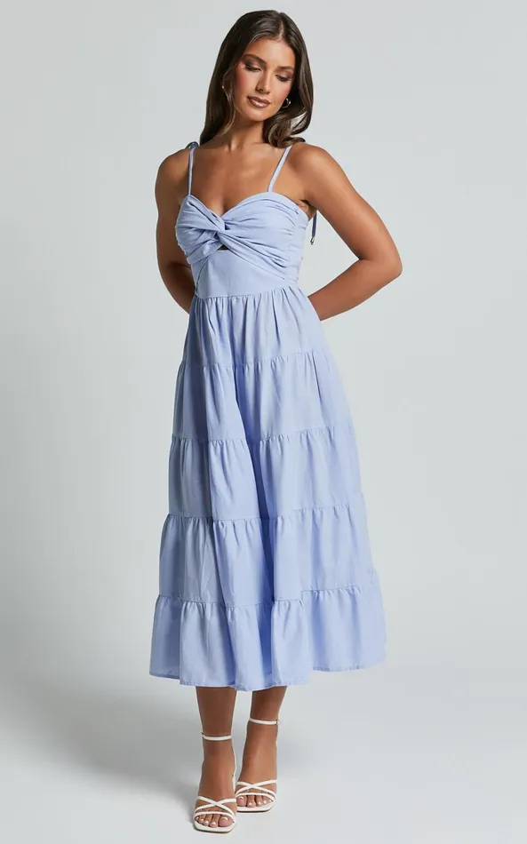 Showpo Leticia Midi Dress 8211 Twist Front Tie Strap Tiered Dress In Pale Blue Women Dresses