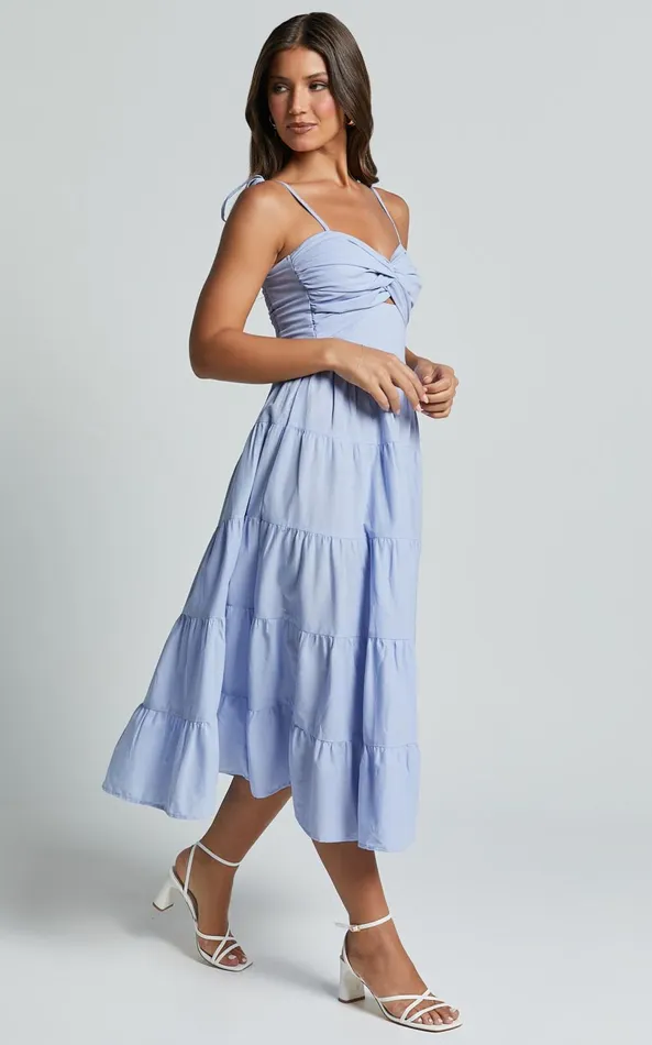 Showpo Leticia Midi Dress 8211 Twist Front Tie Strap Tiered Dress In Pale Blue Women Dresses