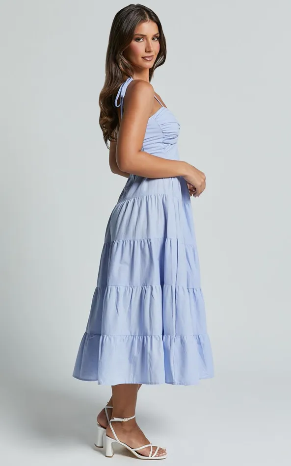 Showpo Leticia Midi Dress 8211 Twist Front Tie Strap Tiered Dress In Pale Blue Women Dresses