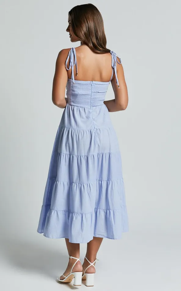 Showpo Leticia Midi Dress 8211 Twist Front Tie Strap Tiered Dress In Pale Blue Women Dresses