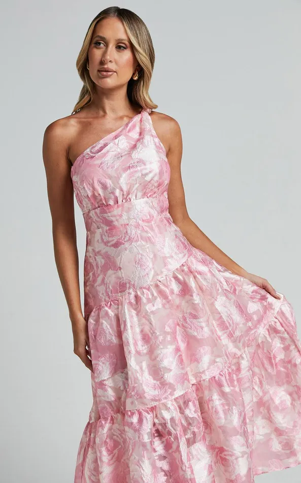 Showpo Lettie Midi Dress 8211 One Shoulder Tiered Dress In Blurred Rose Women Dresses