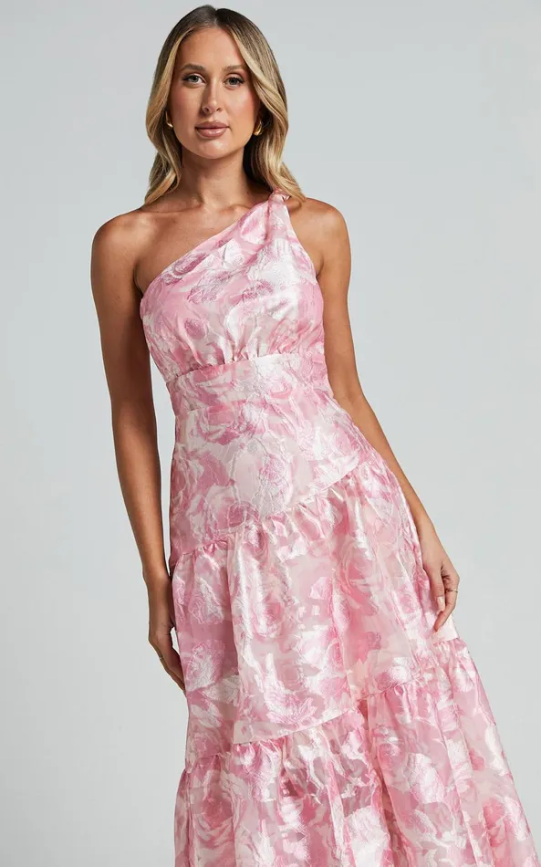 Showpo Lettie Midi Dress 8211 One Shoulder Tiered Dress In Blurred Rose Women Dresses