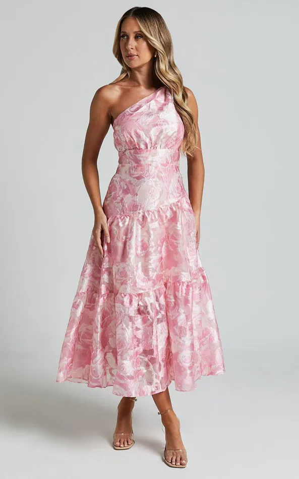 Showpo Lettie Midi Dress 8211 One Shoulder Tiered Dress In Blurred Rose Women Dresses