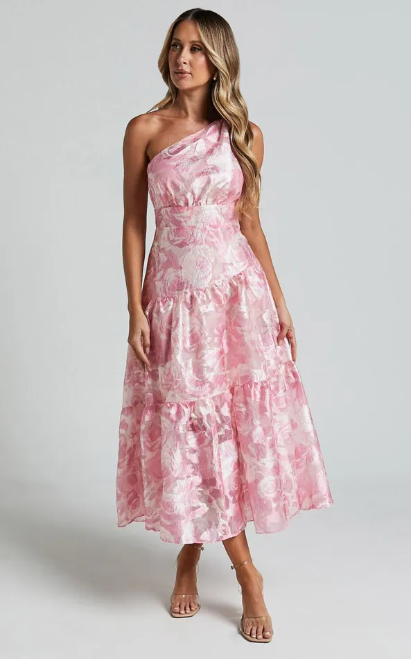 Showpo Lettie Midi Dress 8211 One Shoulder Tiered Dress In Blurred Rose Women Dresses