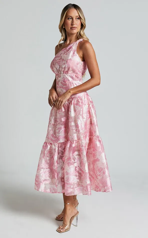 Showpo Lettie Midi Dress 8211 One Shoulder Tiered Dress In Blurred Rose Women Dresses