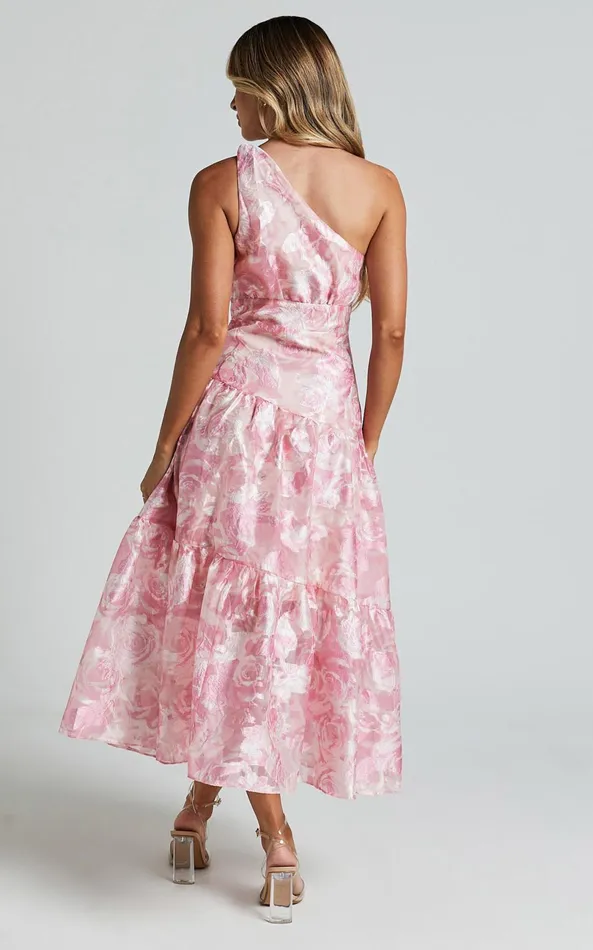 Showpo Lettie Midi Dress 8211 One Shoulder Tiered Dress In Blurred Rose Women Dresses